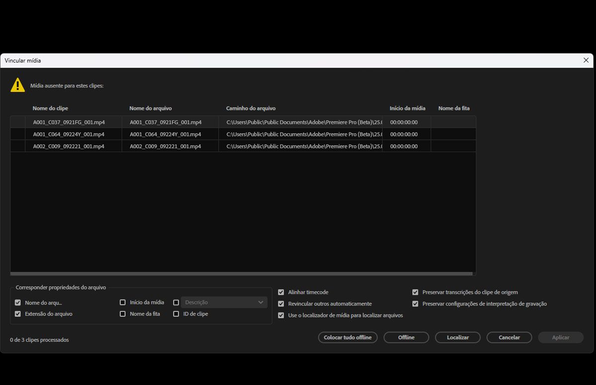 A caixa de diálogo “Vincular mídia” está aberta, com opções de combinar propriedades de arquivos, como nome do arquivo, extensão, início da mídia e nome da fita.  Dependendo de como você deseja lidar com arquivos offline, é possível especificar os critérios de pesquisa necessários e corresponder as propriedades do arquivo.