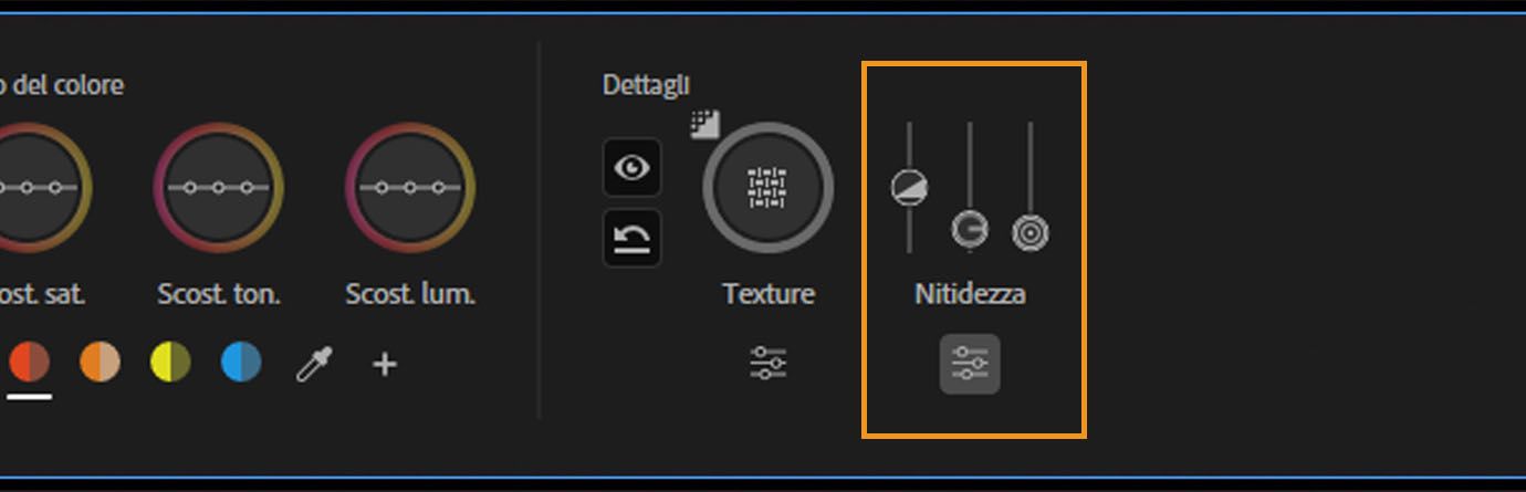 Controllo Sharpness espanso con cursori per le regolazioni di quantità, raggio e soglia.