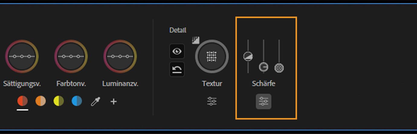 Schärfe-Steuerung erweitert mit Reglern für Menge-, Radius- und Schwellenwert-Anpassungen.