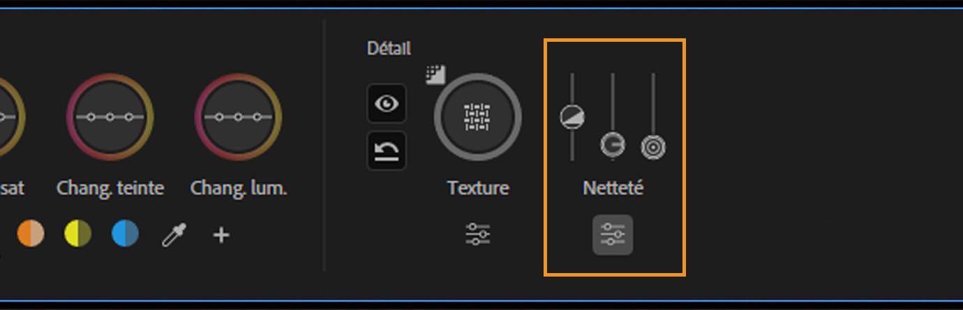 Contrôle Netteté développé avec curseurs pour les réglages de facteur, rayon et seuil.