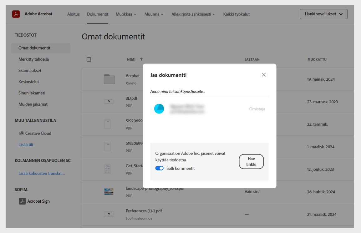 Jaa asiakirja -valintaikkuna näyttää kentän, johon voit kirjoittaa vastaanottajan nimen, Salli kommentit -valinnan ja Hanki linkki -painikkeen.