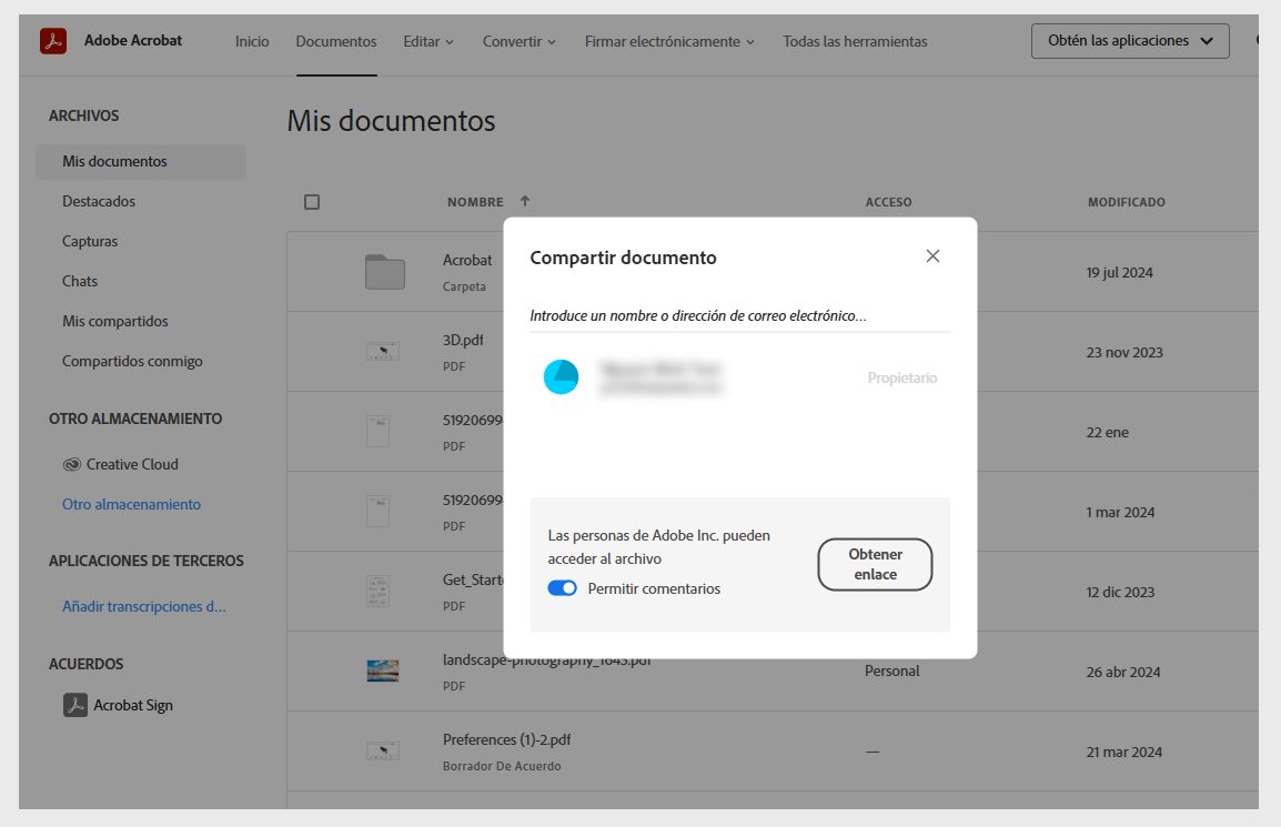 El cuadro de diálogo Compartir documento muestra el campo para introducir el nombre del destinatario, la opción Permitir comentarios y el botón Obtener vínculo.