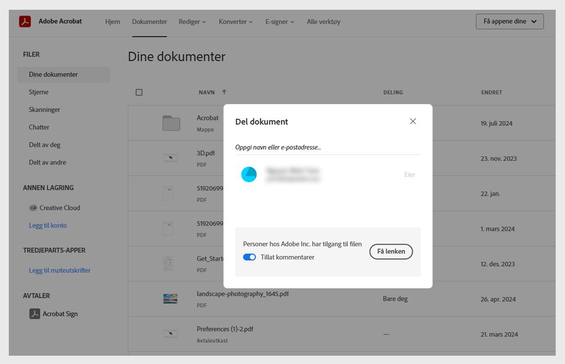 Del dokument-dialogboksen viser feltet for å angi mottakerens navn, bytte til Tillat kommentarer og knappen Få kobling.
