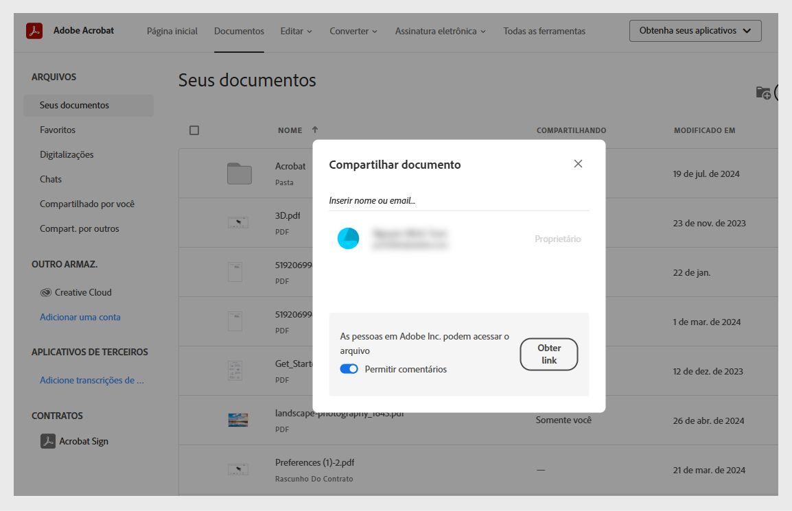 A caixa de diálogo Compartilhar documento mostra o campo para inserir o nome do destinatário, a opção “Permitir comentários” e o botão Obter link.