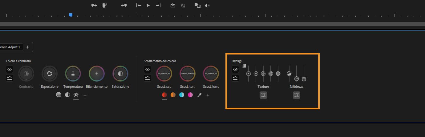 Controlli per le modifiche di tonalità e luminanza a sinistra, con più cursori verticali per le regolazioni di texture e nitidezza evidenziati.