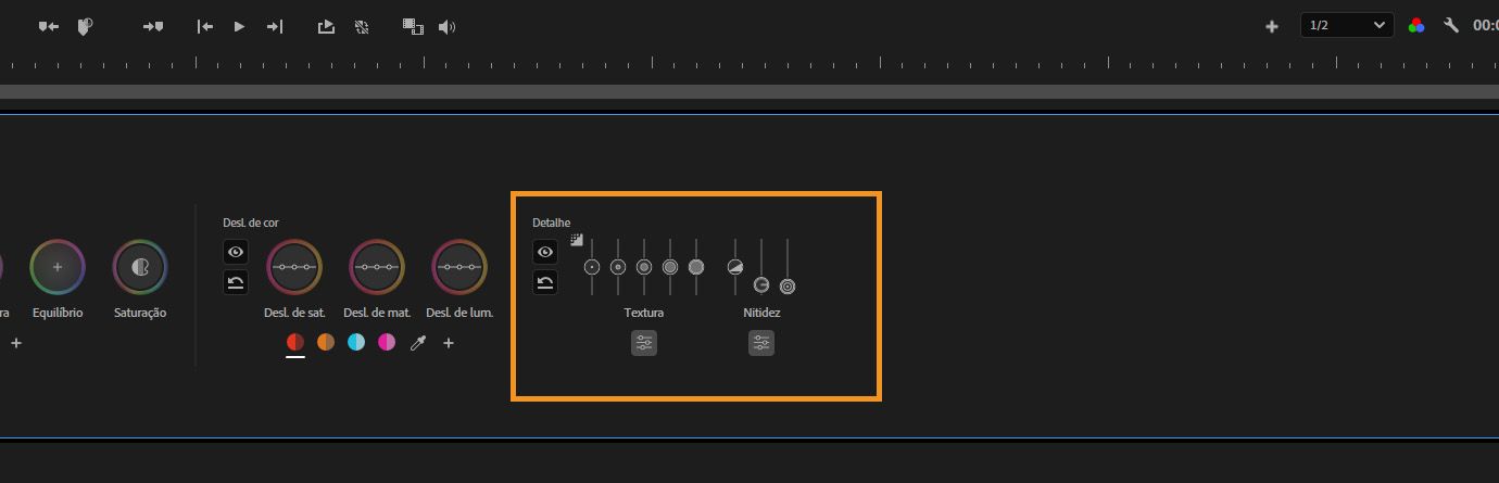 Controles para mudanças de matiz e luminância à esquerda, com múltiplos controles deslizantes verticais para ajustes de textura e nitidez destacados.