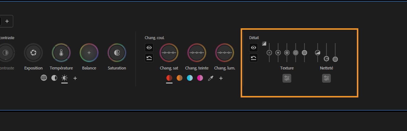 Contrôles pour les décalages de teinte et de luminance à gauche, avec plusieurs curseurs verticaux pour les réglages de texture et de netteté mis en évidence.