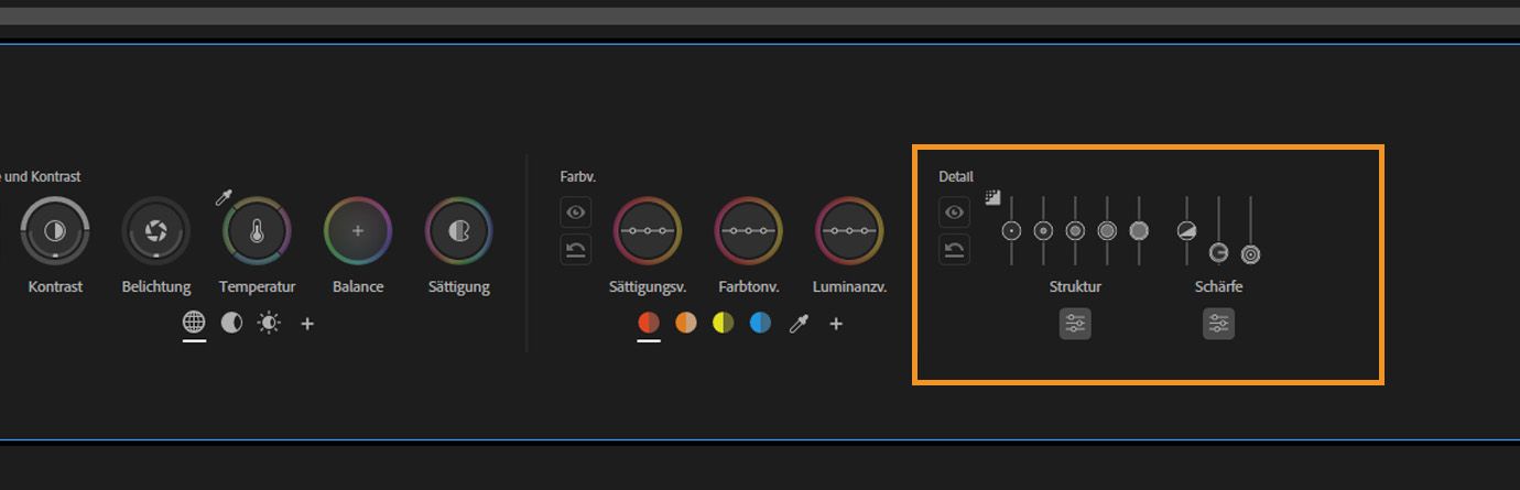 Steuerungen für Farbton- und Luminanzverschiebungen auf der linken Seite, mit mehreren vertikalen Reglern für Textur- und Schärfekorrekturen hervorgehoben.