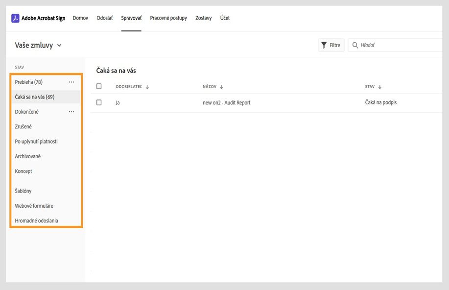 Na stránke Správa zmlúv v aplikácii Acrobat Sign sa na ľavej table zobrazujú možnosti kategórií zmlúv. 