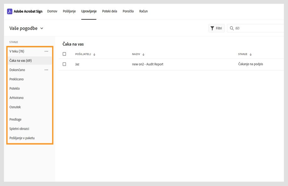 Na strani za upravljanje pogodb v programu Acrobat Sign so v levem podoknu prikazane možnosti kategorij pogodb. 