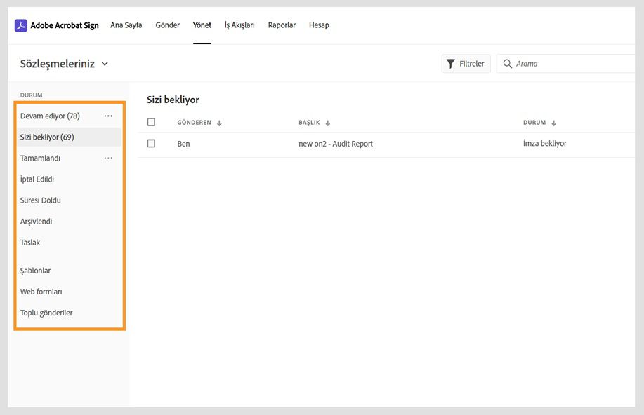 Acrobat Sign'ta sözleşmelerin Yönet sayfası, sol bölmede sözleşmenin kategori seçeneklerini gösterir. 