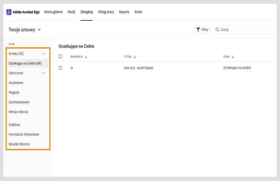 Strona zarządzania umowami w programie Acrobat Sign pokazuje opcje kategorii umowy w lewym panelu. 
