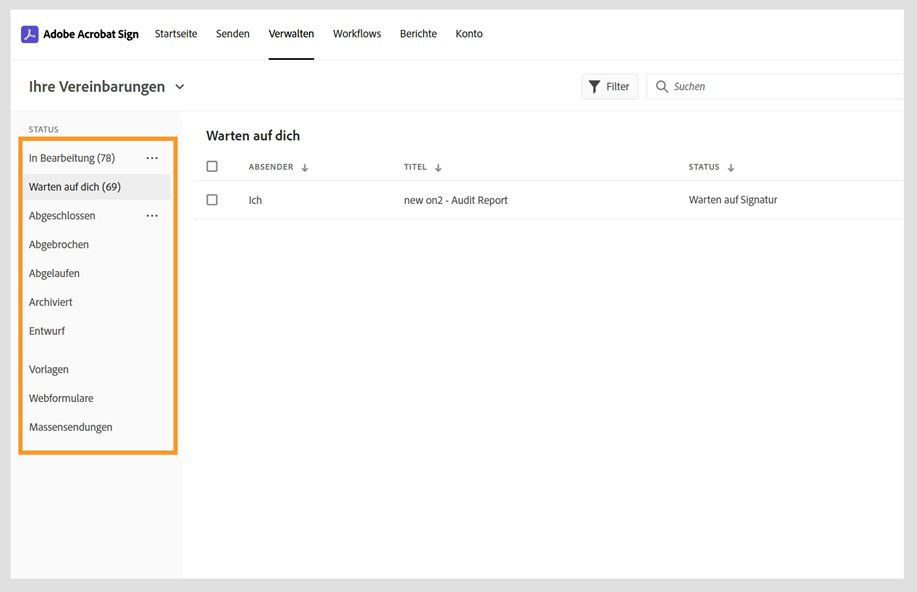 Auf der Seite „Vereinbarungen verwalten“ in Acrobat Sign werden im linken Bereich die Kategorieoptionen der Vereinbarung angezeigt. 