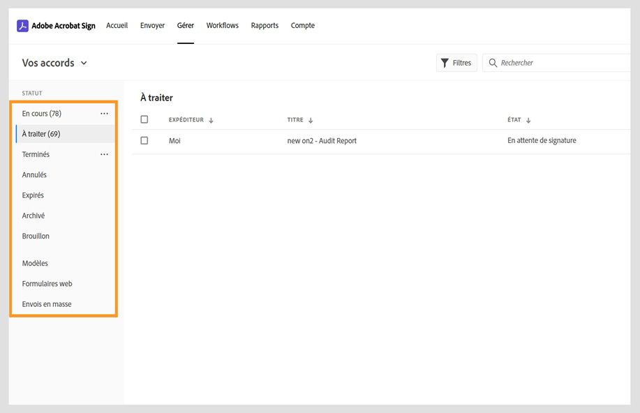 Page Gérer d’Acrobat Sign pour les accords avec les différentes catégories d’accords affichées dans le panneau de gauche. 
