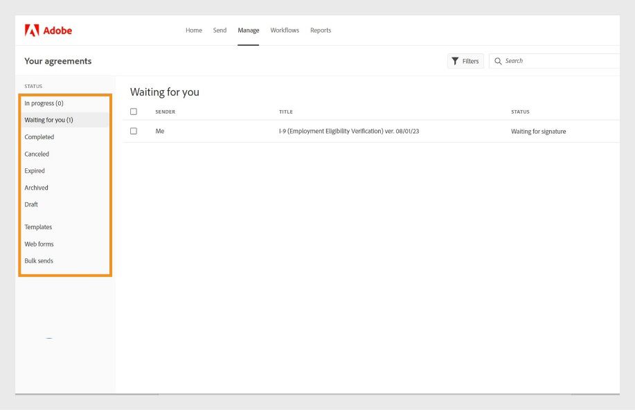 Ang Manage page ng mga agreement sa Acrobat Sign ay nagpapakita ng mga category option ng kasunduan sa kaliwang pane. 