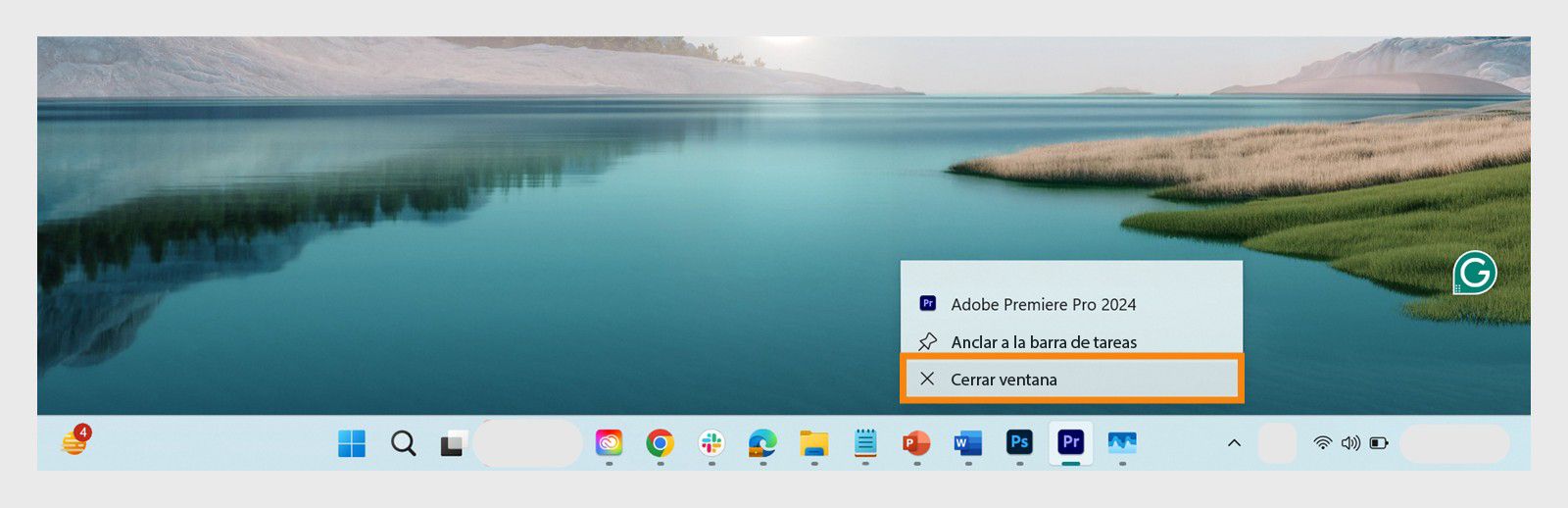 El menú de la aplicación que se abre al hacer clic con el botón derecho en una aplicación en la barra de tareas de Windows ofrece la opción de cerrar la aplicación.