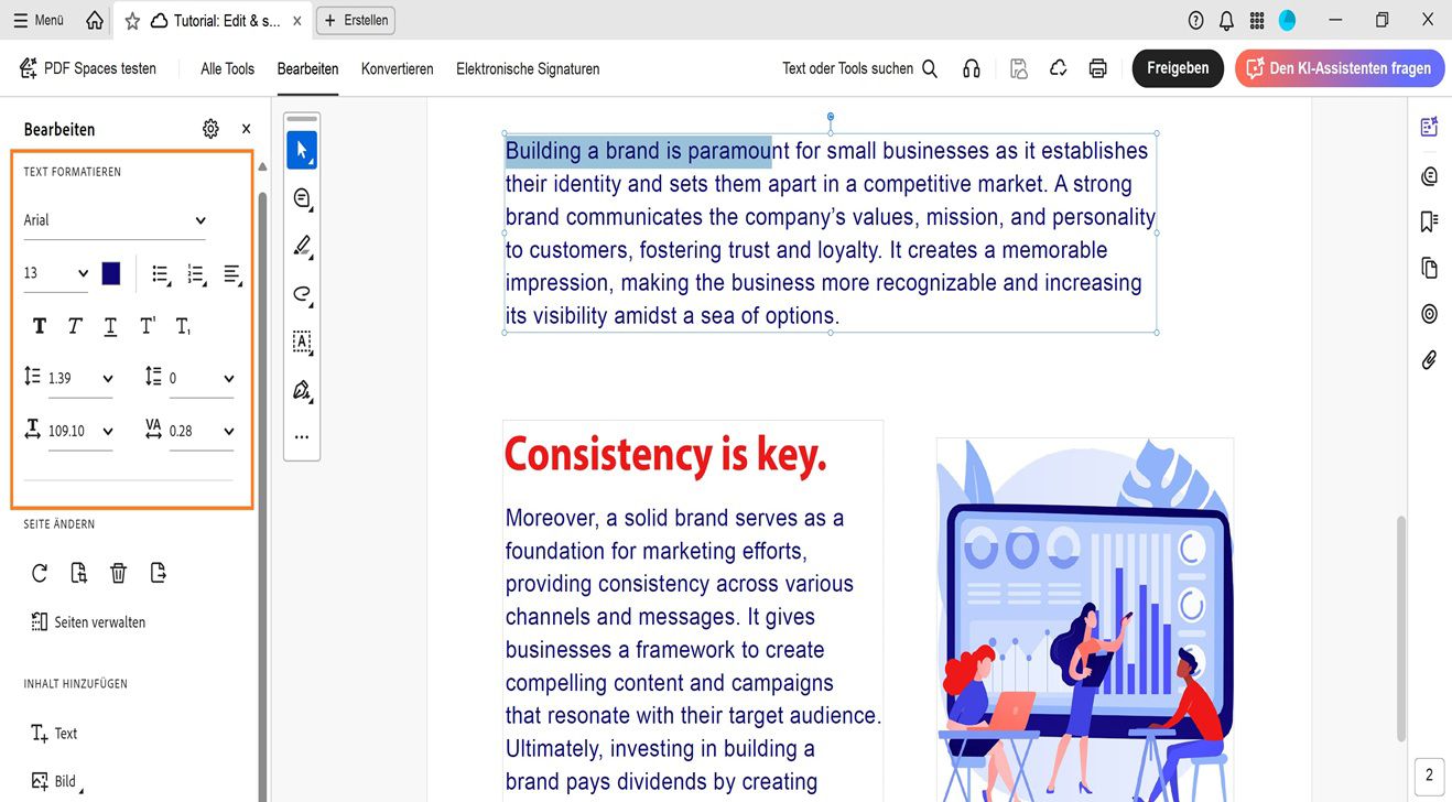 Das Bedienfeld zum Bearbeiten zeigt verschiedene Textformatierungsoptionen an.Der Dokumentbereich zeigt den ausgewählten Text, den der Anwender bearbeiten kann.