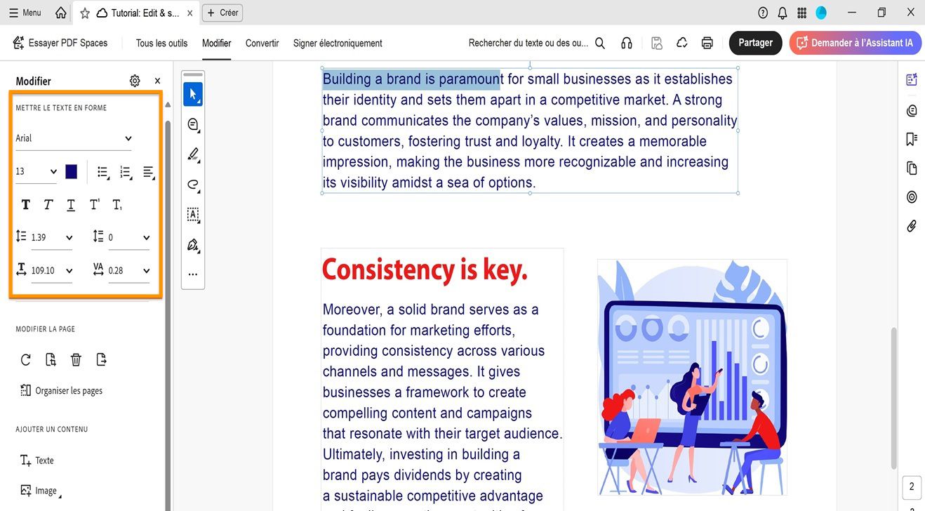 Le panneau Modifier affiche diverses options de mise en forme du texte. Le panneau de visualisation présente du texte sélectionné que l’utilisateur peut modifier., Image