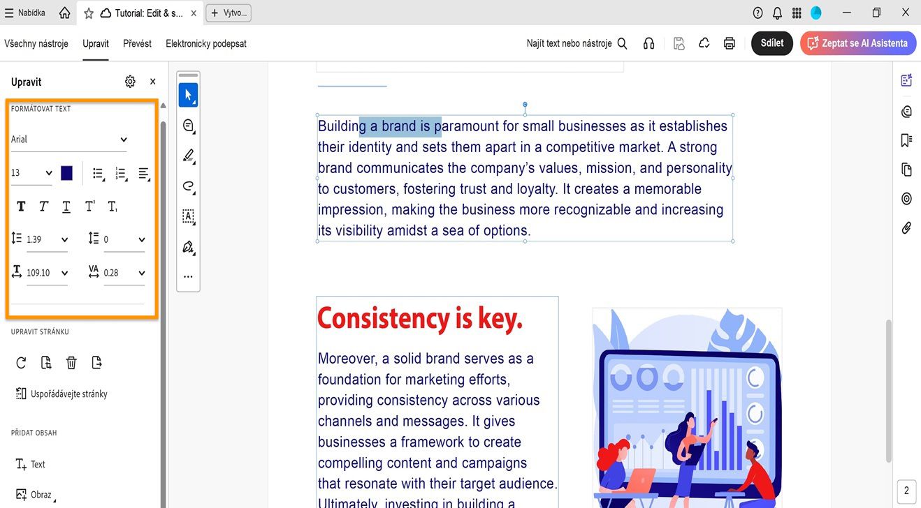 Panel Upravit zobrazuje různé možnosti formátování textu.Podokno dokumentu zobrazuje vybraný text, který může uživatel upravovat., Obrázek