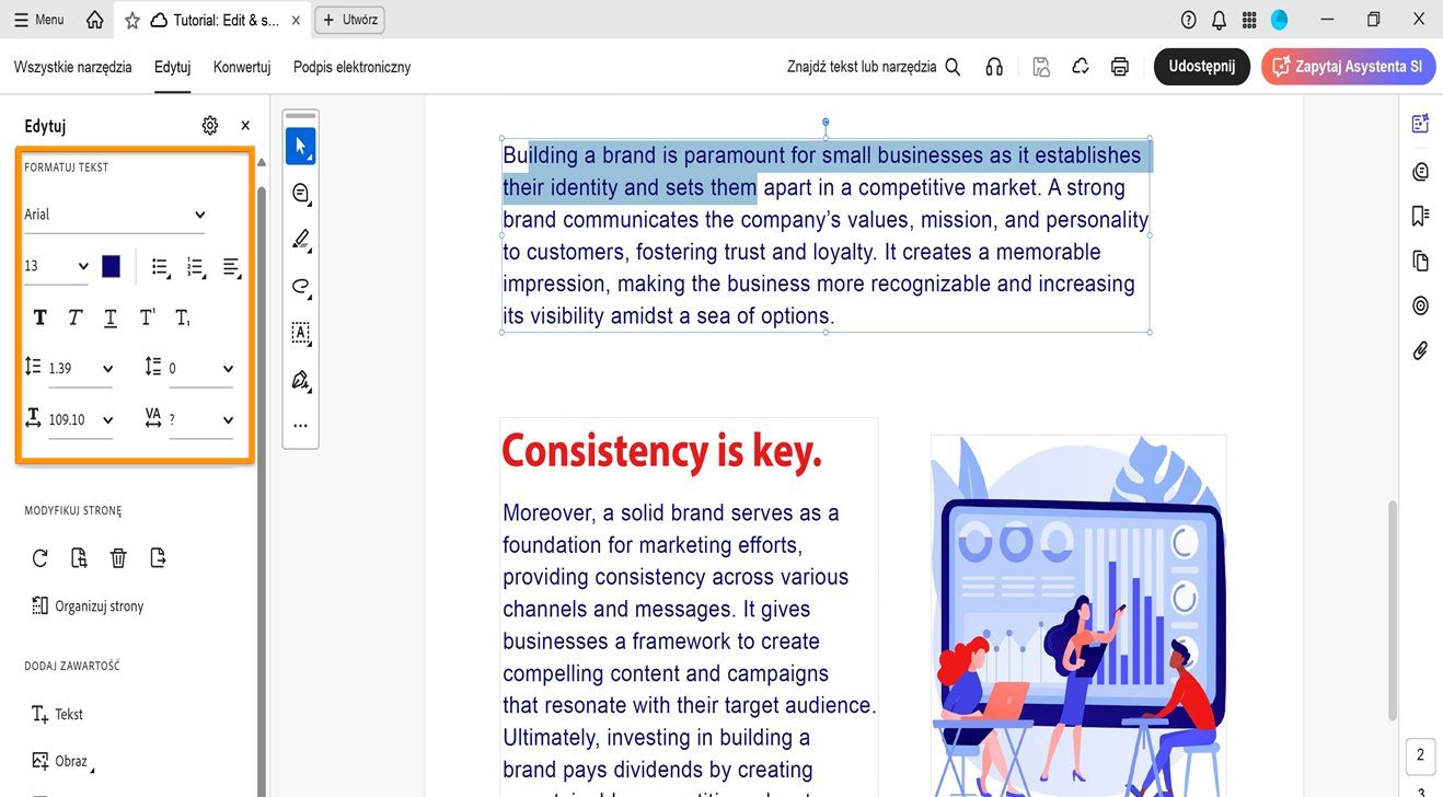 Panel Edycja wyświetla różne opcje formatowania tekstu.Panel dokumentu pokazuje tekst zaznaczony do edycji przez użytkownika.