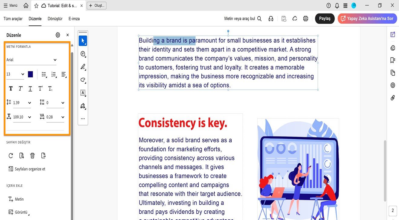 Düzenle paneli çeşitli metin biçimlendirme seçeneklerini gösterir.Belge bölmesi, kullanıcının düzenlemesi için seçili metni gösterir., Resim