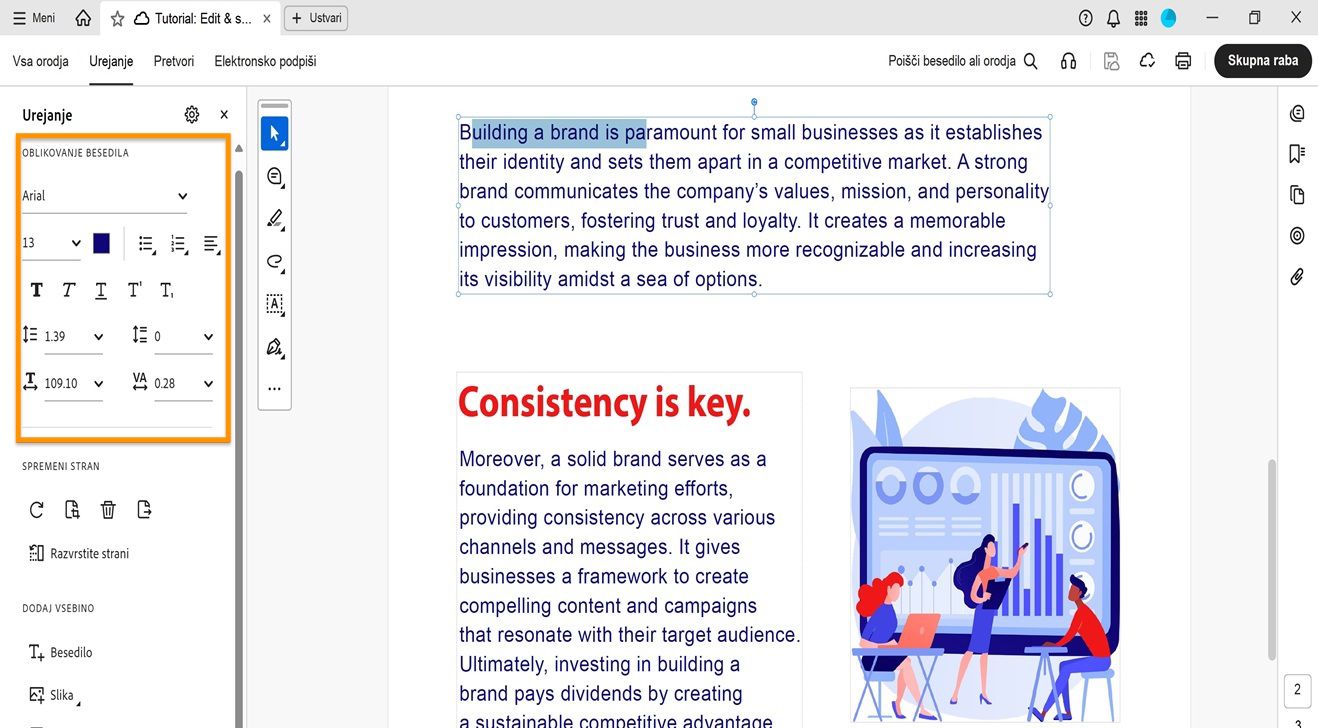 Podokno za urejanje prikazuje različne možnosti oblikovanja besedila. V podoknu dokumenta je prikazano izbrano besedilo, ki ga uporabnik lahko ureja., Slika