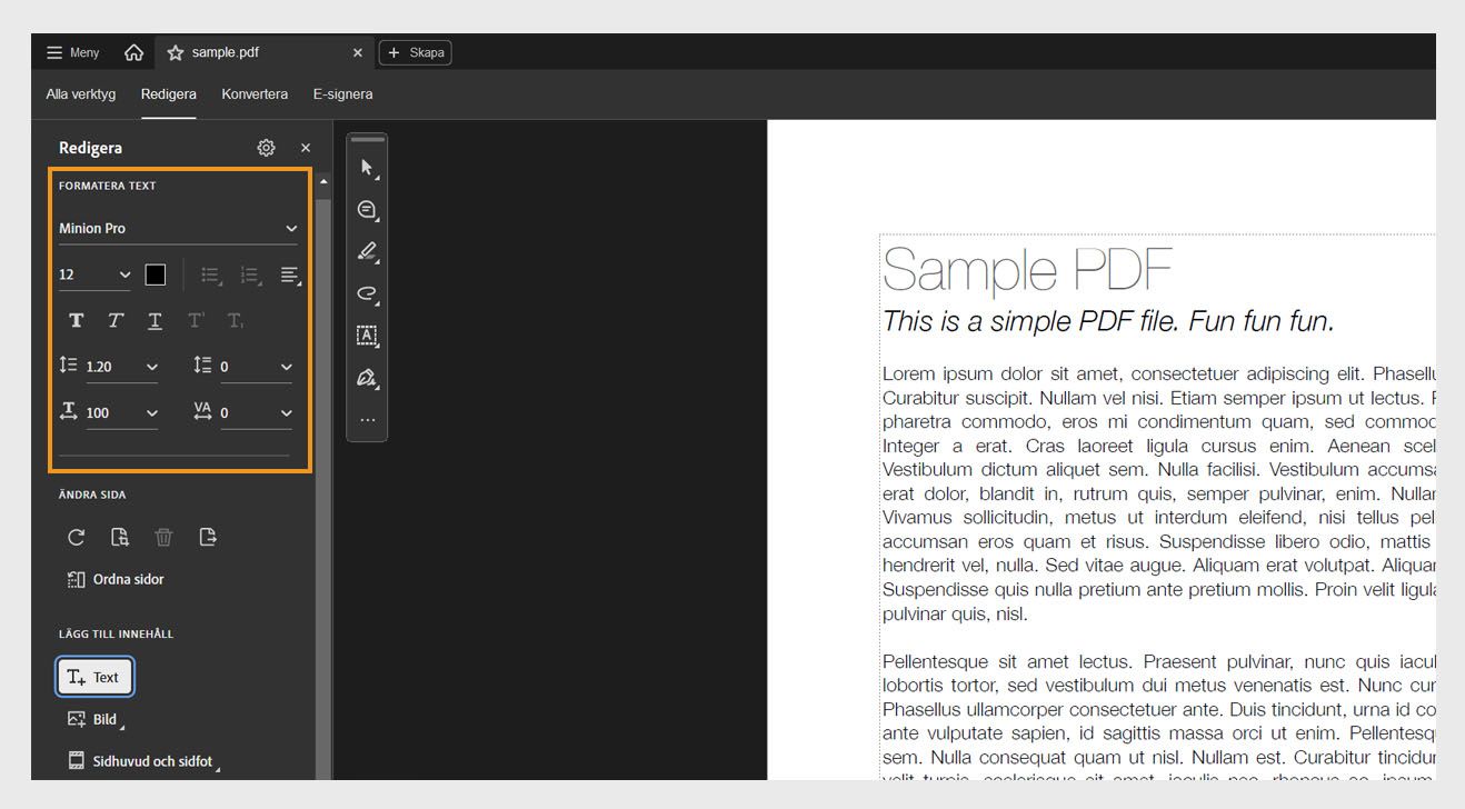 Panelen Redigera visar olika texformateringsalternativ. Dokumentpanelen visar markerad text för användaren att redigera., Bild