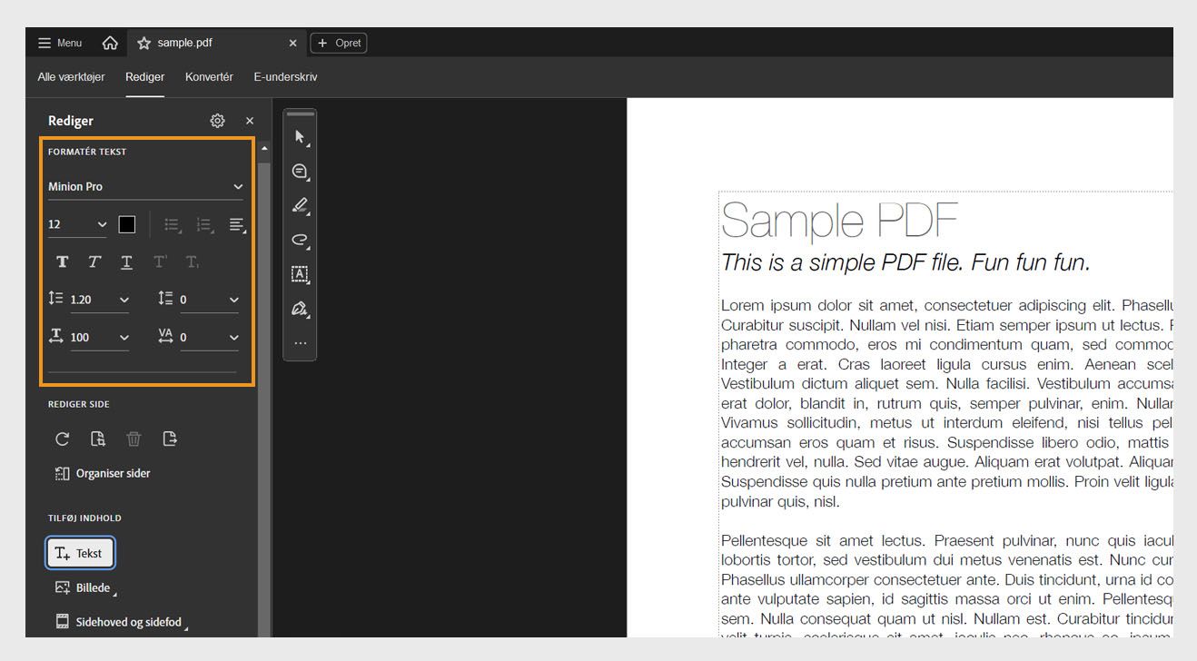 Redigeringsruden viser forskellige tekstformateringsindstillinger. Dokumentruden viser markeret tekst, som brugeren kan redigere., Billede