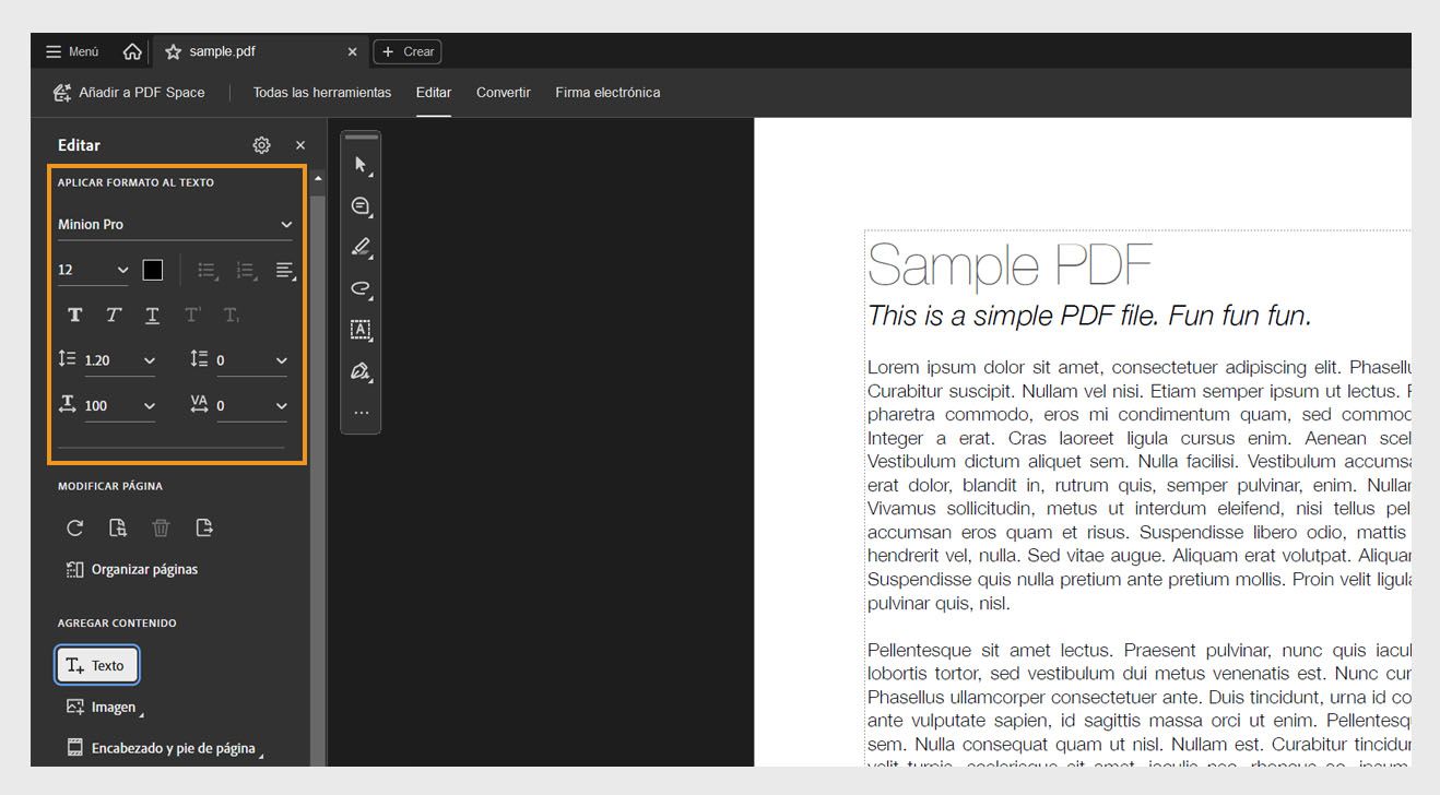 El panel Editar muestra varias opciones de formato de texto. El panel del documento muestra el texto seleccionado para que el usuario lo edite.