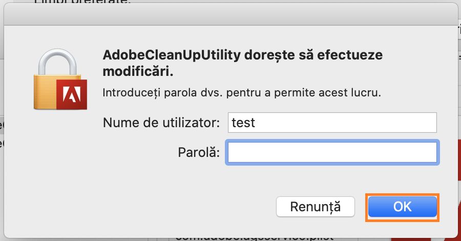 Introduceți numele de utilizator și parola Mac