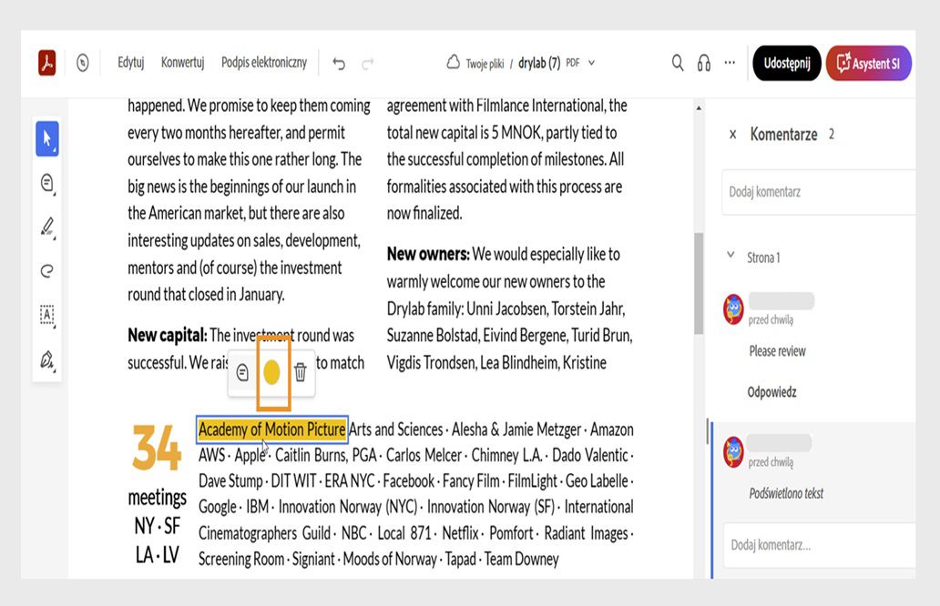 Wybrany znacznik wyświetla menu kontekstowe z opcjami zmiany koloru, dodawania komentarzy lub usuwania.
