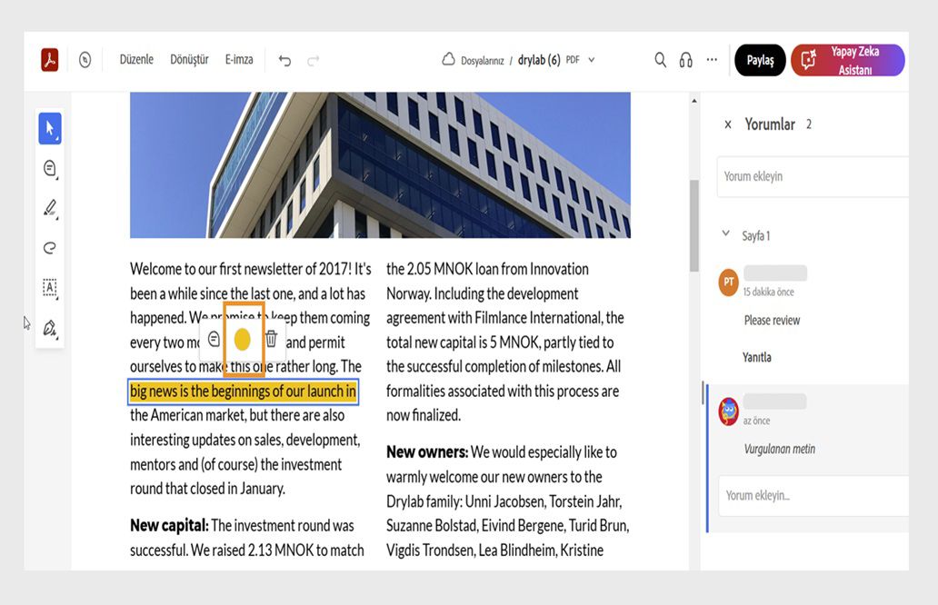 Seçili işaretleme; rengi değiştirme, yorum ekleme veya silme seçeneklerinin yer aldığı içerik menüsünü gösterir.