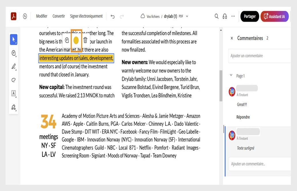 L’annotation sélectionnée affiche le menu contextuel avec des options permettant de modifier la couleur, d’ajouter des commentaires ou de supprimer des éléments.
