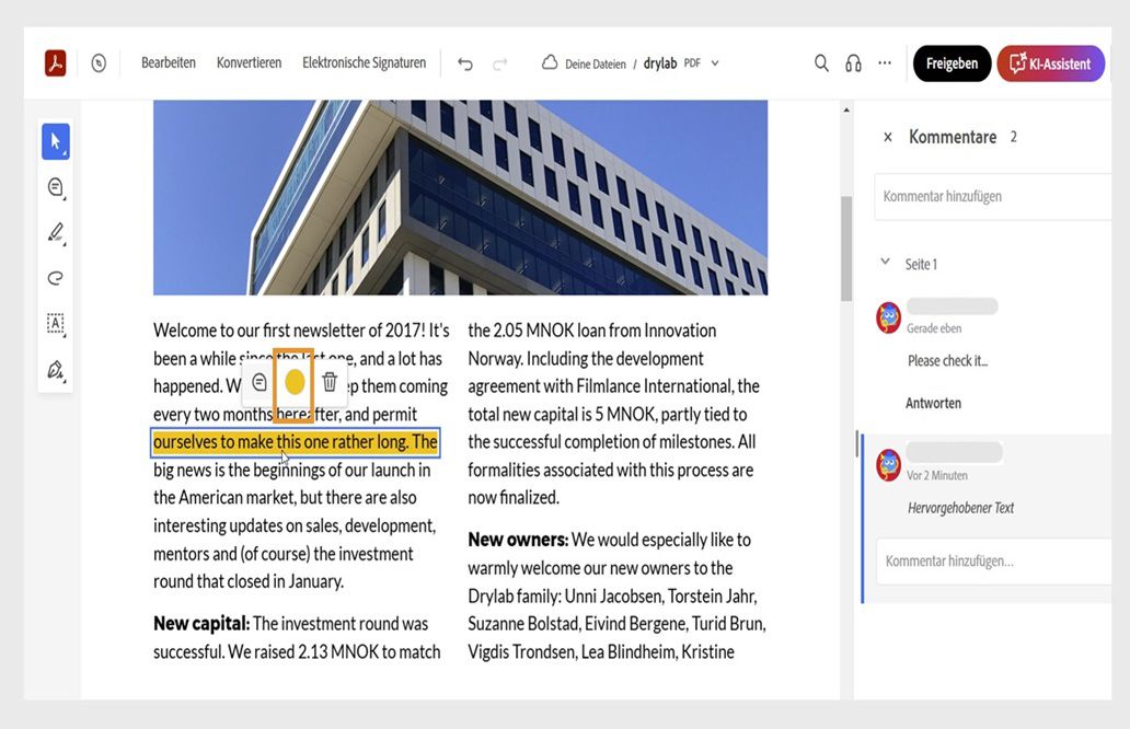Die ausgewählte Markierung zeigt das Kontextmenü mit Optionen zum Ändern der Farbe und zum Hinzufügen und Löschen von Kommentaren an.