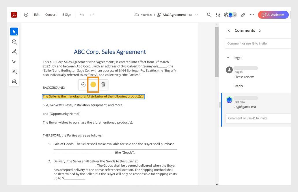 Nagpapakita ang napiling markup ng context menu na may mga opsyon para baguhin ang kulay, magdagdag ng mga komento, o mag-delete.