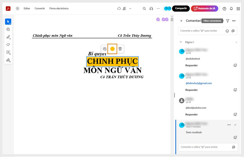 Las marcas seleccionadas muestran el menú contextual con opciones para cambiar el color, añadir comentarios o eliminar.