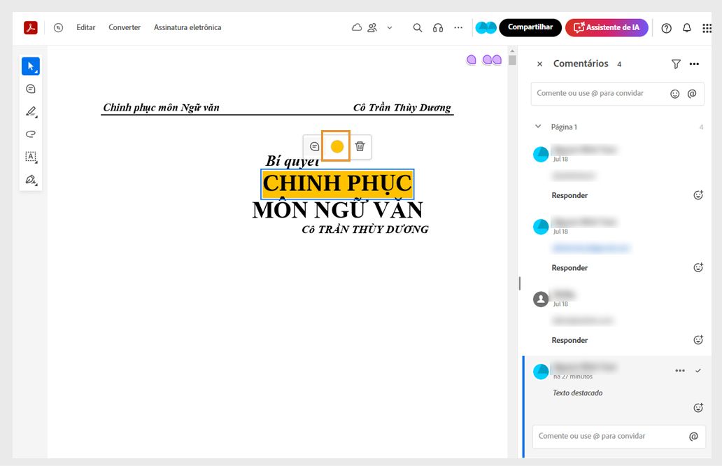 A marcação selecionada exibe o menu de contexto com opções para alterar a cor, adicionar comentários ou excluir.