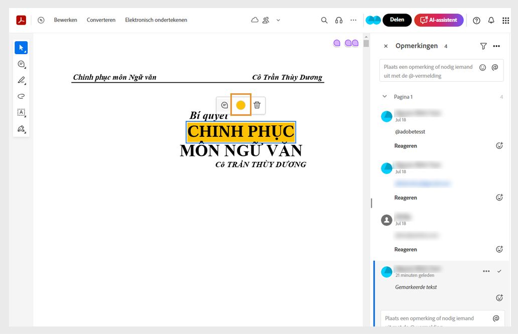 Geselecteerde markering geeft het contextmenu weer met opties om de kleur te wijzigen, opmerkingen toe te voegen of te verwijderen.