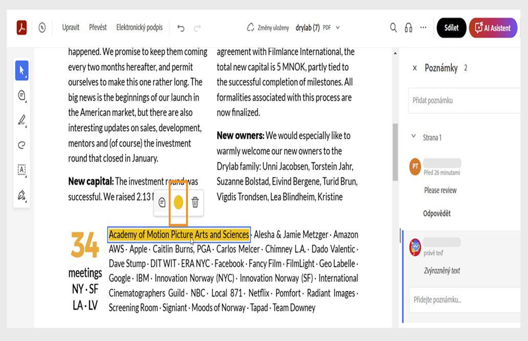 Vybrané označení zobrazí kontextovou nabídku s možnostmi pro změnu barvy, přidání poznámek nebo odstranění.