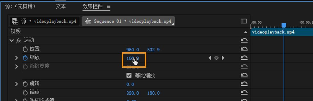 效果控制面板已打开。已选择“运动”效果，并将“缩放”属性值调整为 100。