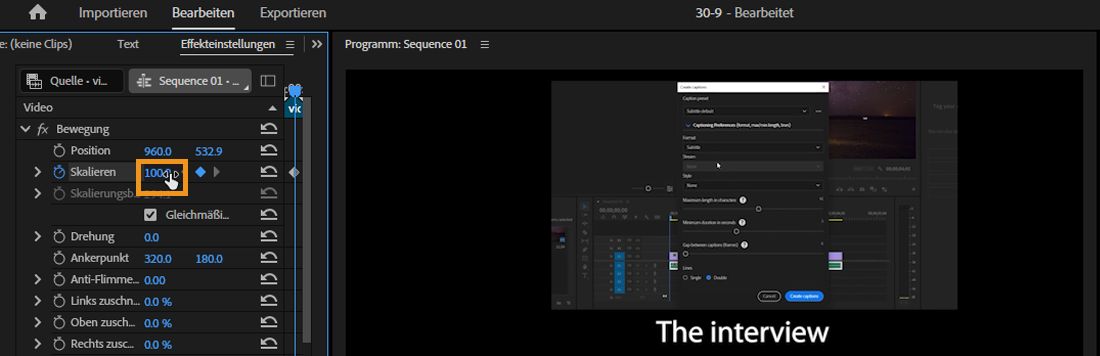 Das Bedienfeld „Effekteinstellungen“ ist geöffnet. Der Bewegungseffekt ist ausgewählt und der Wert der Skalierungseigenschaft wird auf 100 eingestellt.