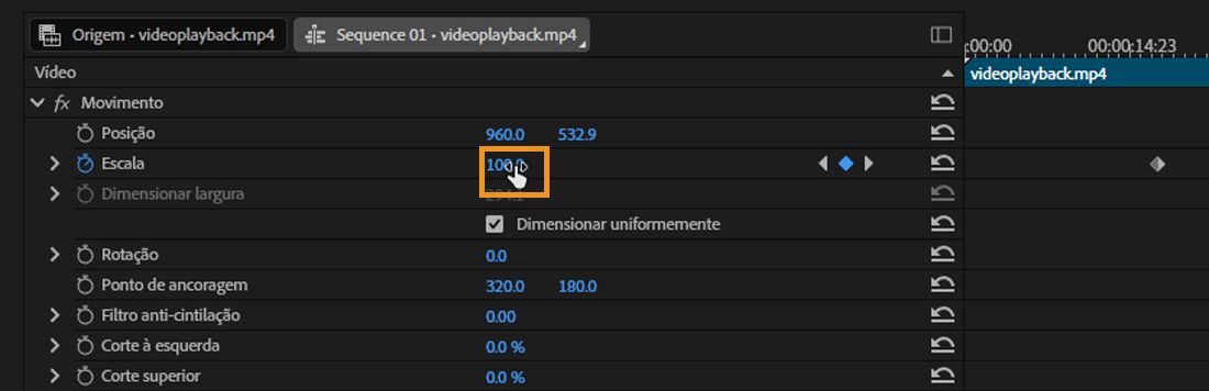 O painel “Controles do efeito” está aberto. O efeito “Movimento” está selecionado, e o valor da propriedade “Escala” está ajustado para 100.