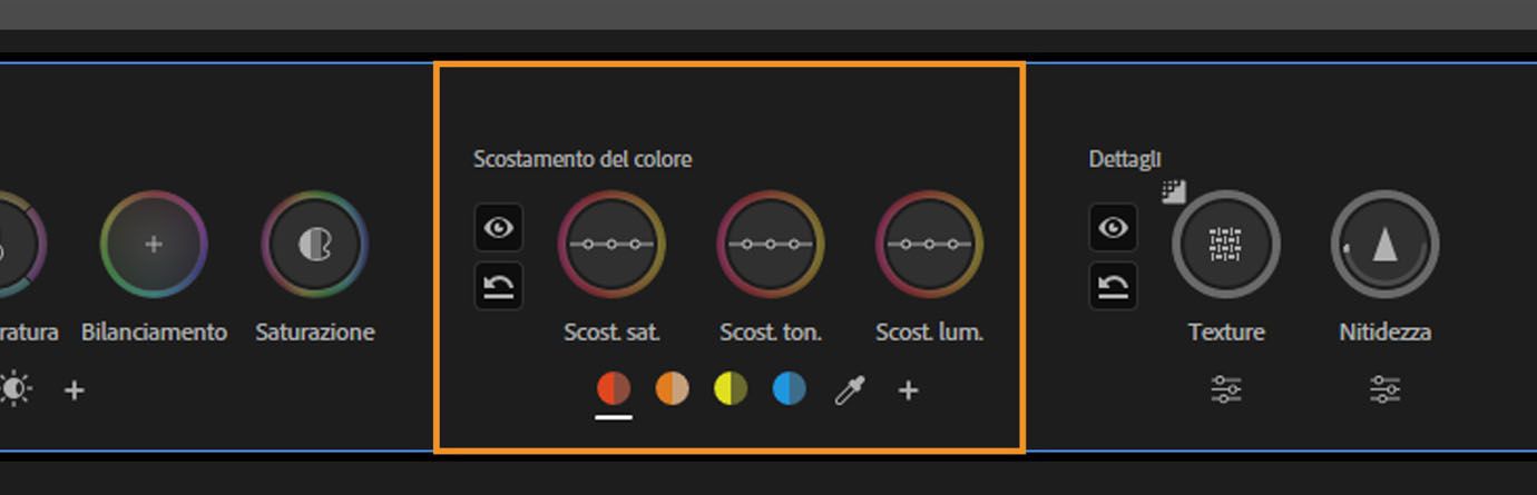 Controlli Spostamento per regolazioni di saturazione, tonalità e luminanza nel pannello Strumenti Colore.