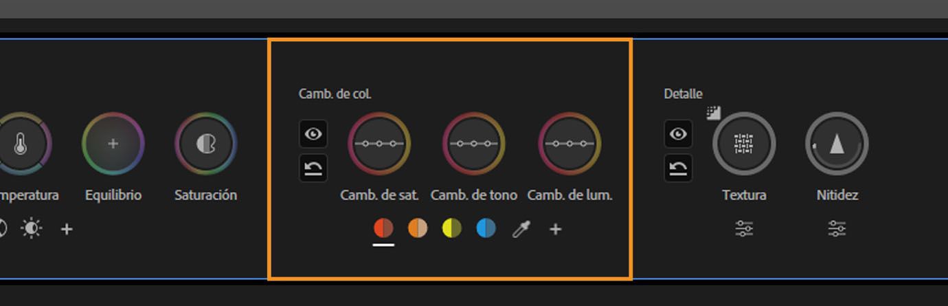 Controles de cambio para ajustes de saturación, tono y luminancia en el panel Herramientas de color.