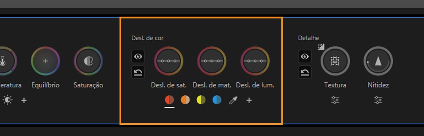 Controles de mudança para ajustes de saturação, matiz e luminância no painel Ferramentas de cor.