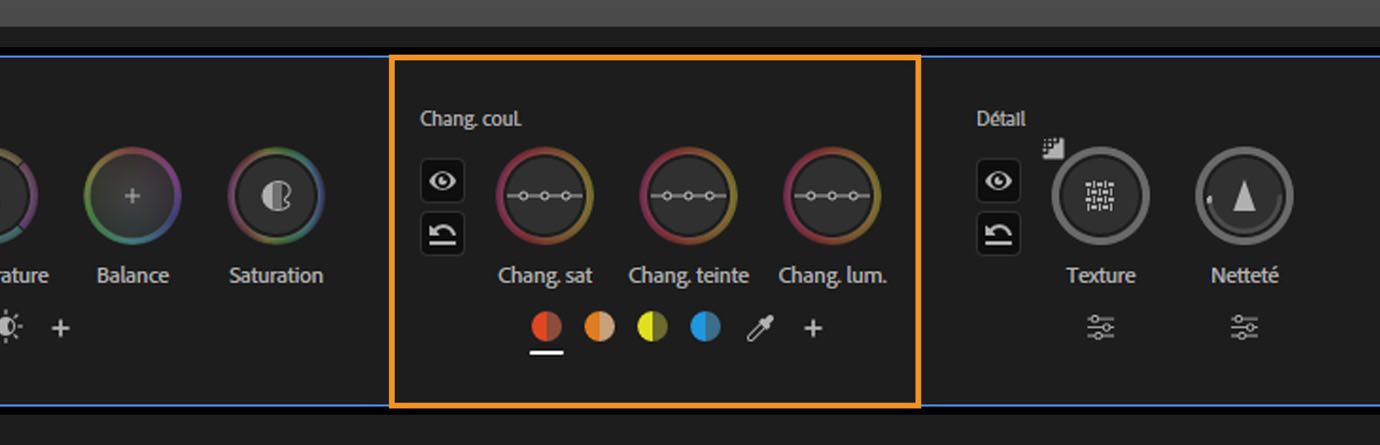 Contrôles de décalage pour les réglages de saturation, teinte et luminance dans le panneau Outils couleur.