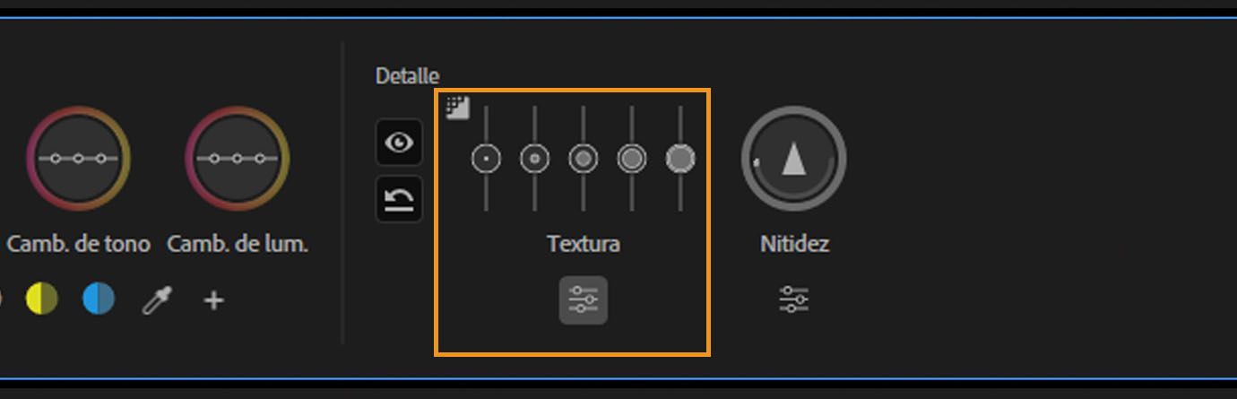 Control de textura expandido para mostrar múltiples reguladores para ajustar el detalle de la imagen.