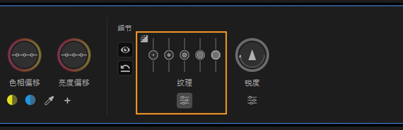 纹理控件展开以显示用于调整图像细节的多个滑块。