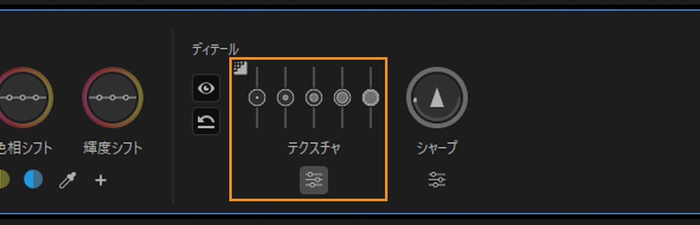 画像ディテールを調整するための複数のスライダーを表示するように展開されたテクスチャコントロール。