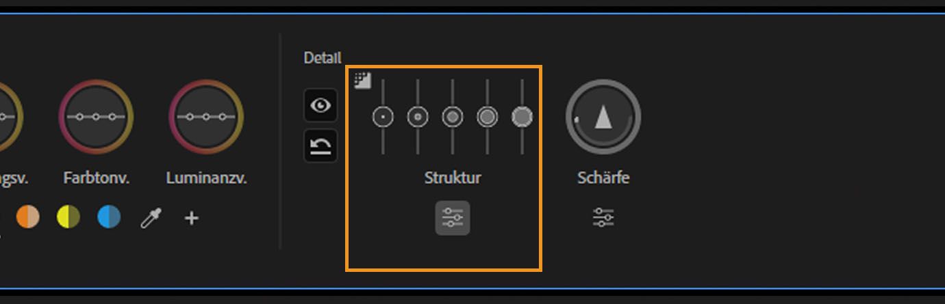 Textur-Steuerung erweitert, um mehrere Regler für die Korrektur von Bilddetails anzuzeigen.